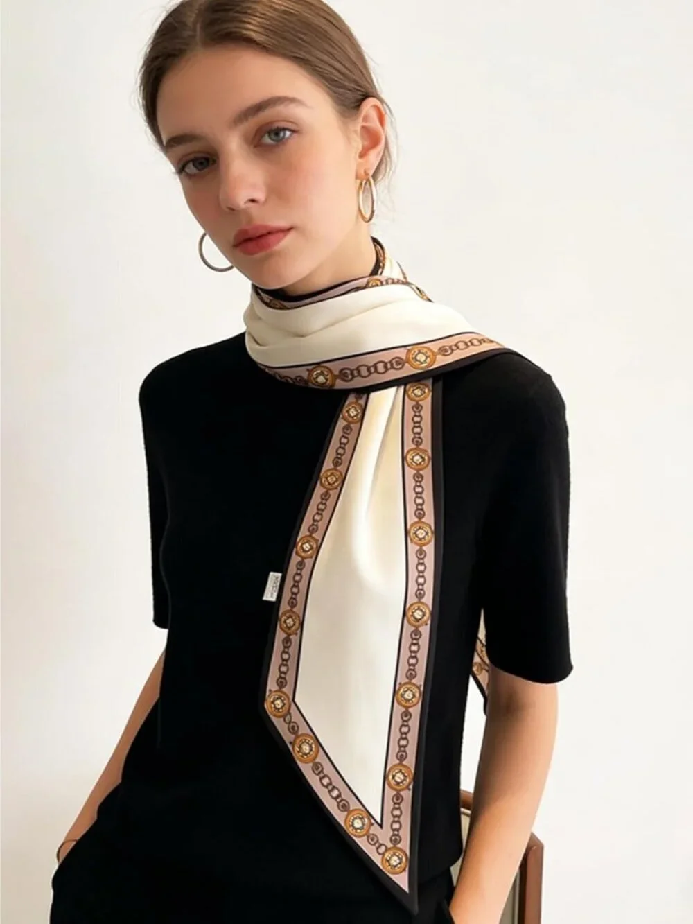 Women's White Black Line Flower Khaki Elegant Oblique Angle Scarves Bag Scarfs